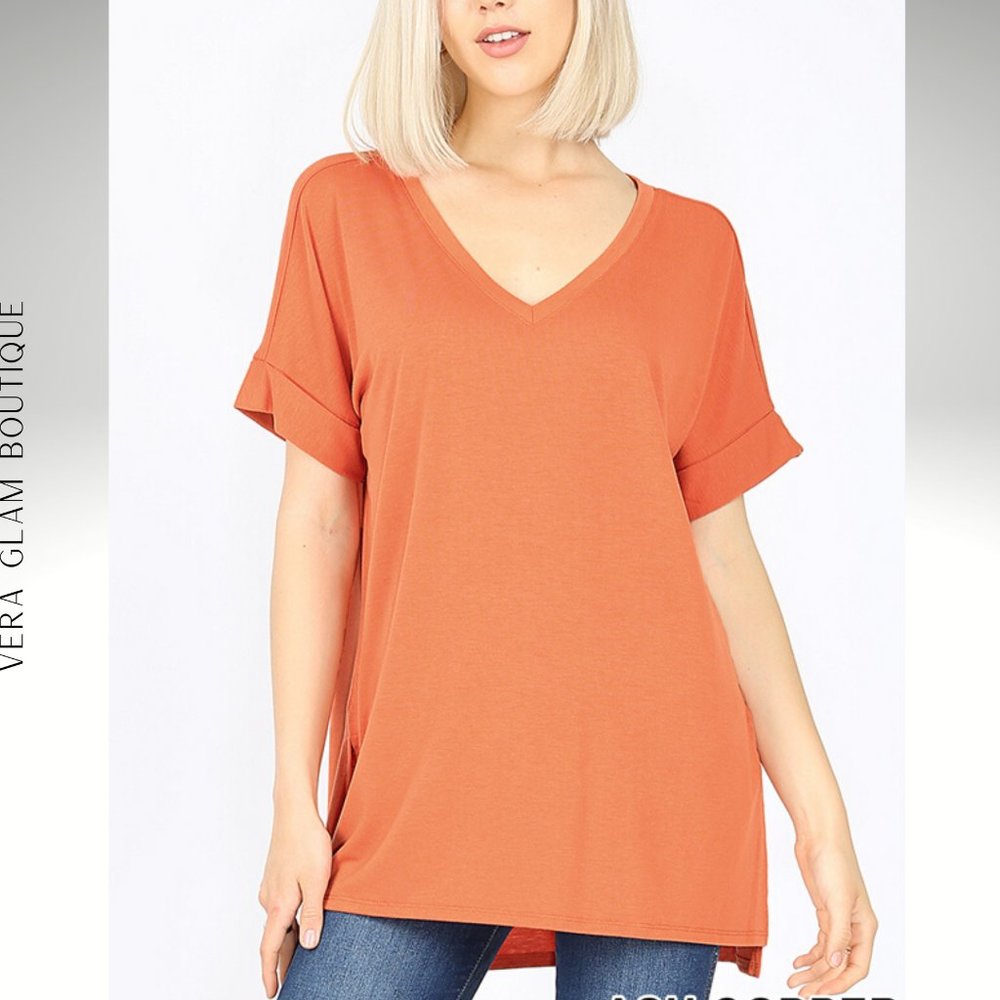 Zenana Rolled Sleeve Side Slit Hi-Low Hem Tee